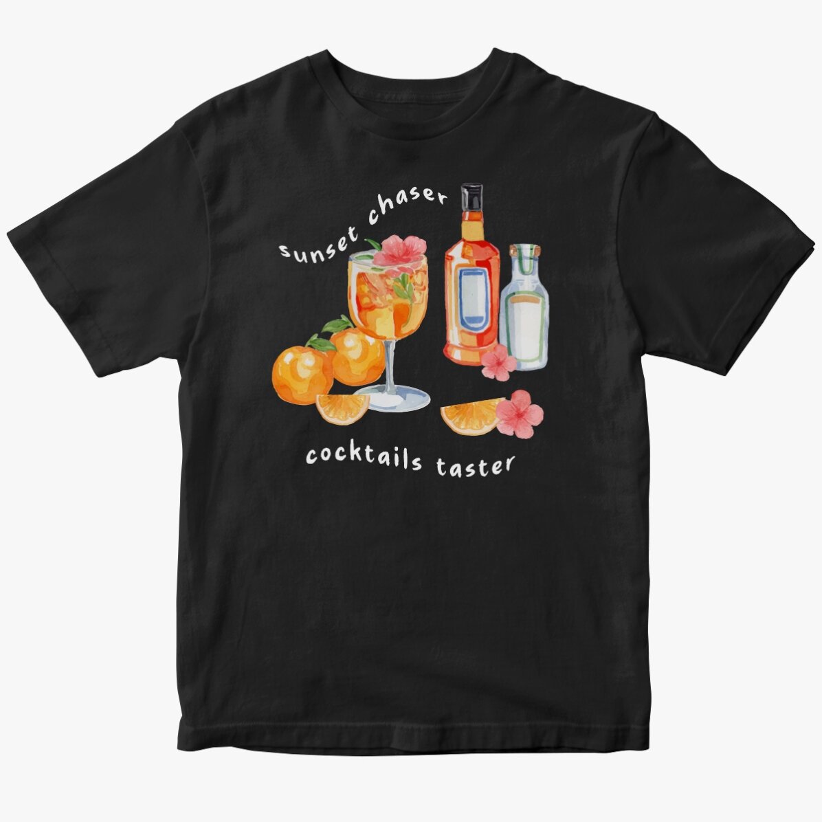 Maglietta in cotone personalizzata con scritta - Tramonto e cocktail