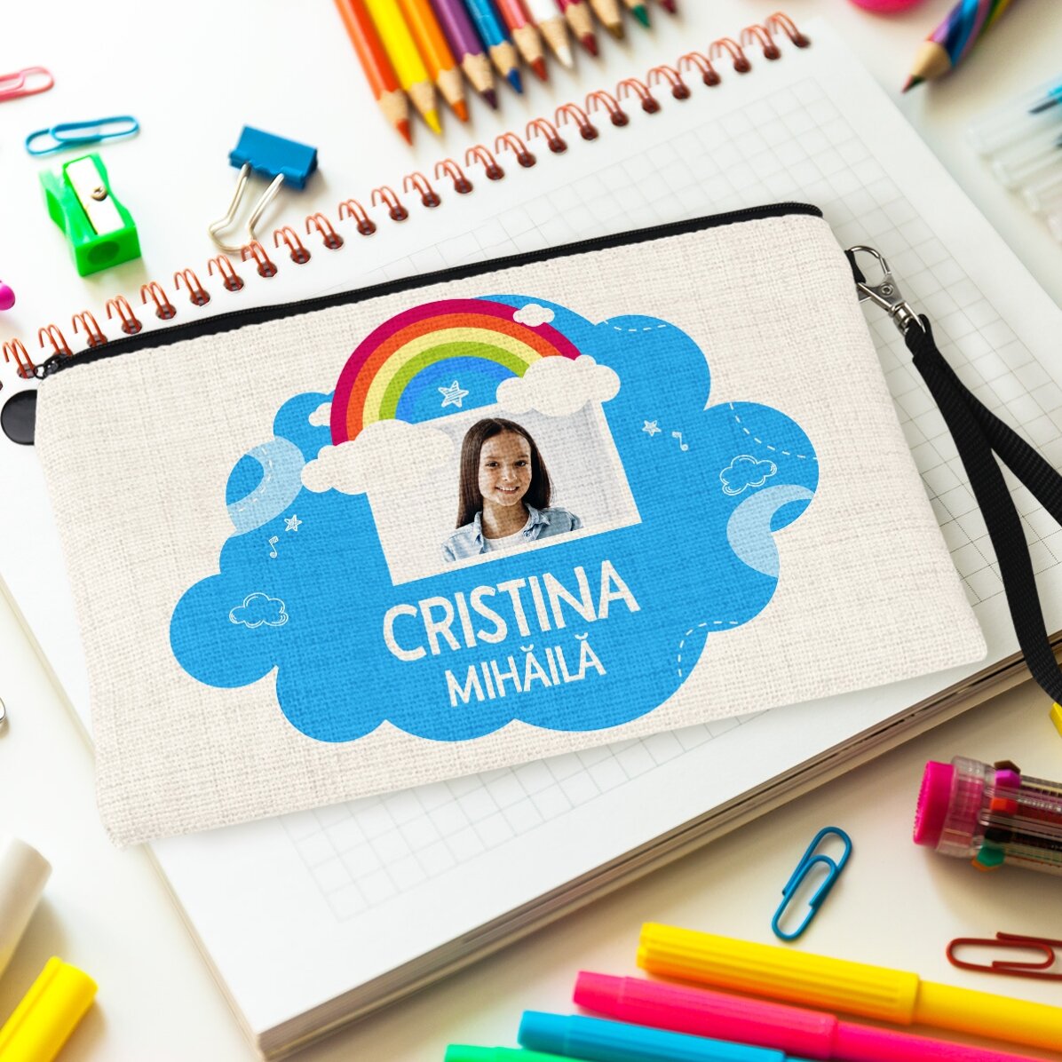 Kit scolastico personalizzato con foto e testo - Modello arcobaleno