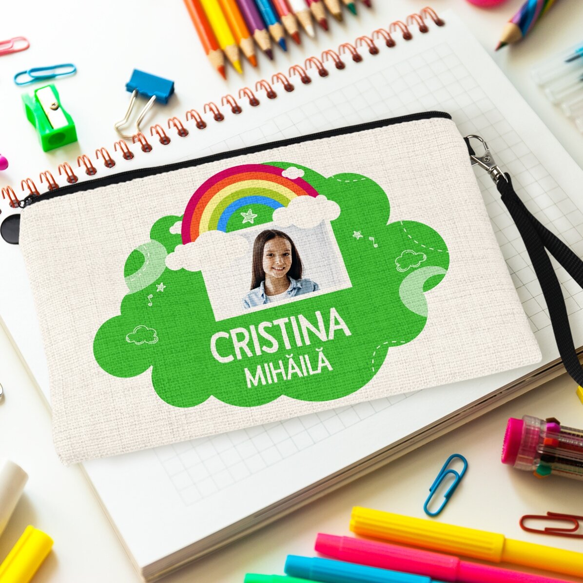Kit scolastico personalizzato con foto e testo - Modello arcobaleno