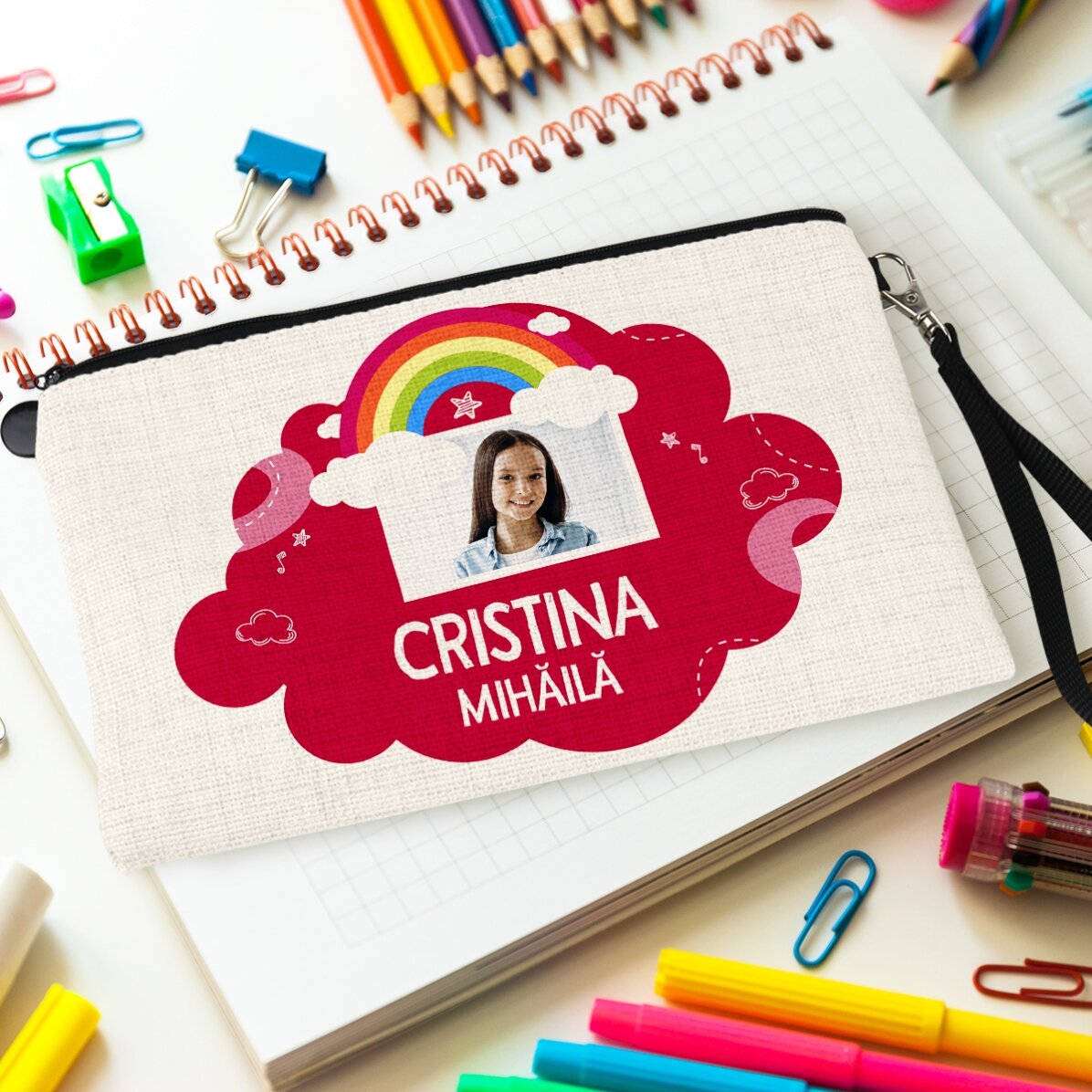 Kit scolastico personalizzato con foto e testo - Modello arcobaleno