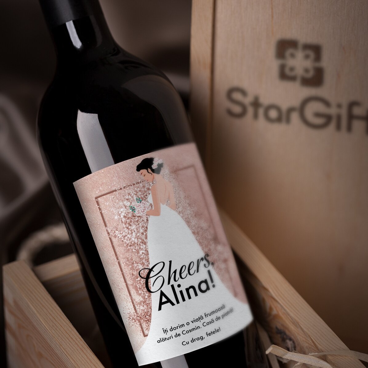 Vino personalizzato con un messaggio per la futura sposa