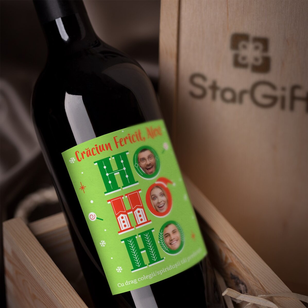 Vino personalizzato con un messaggio e 3 foto natalizie - HO HO HO