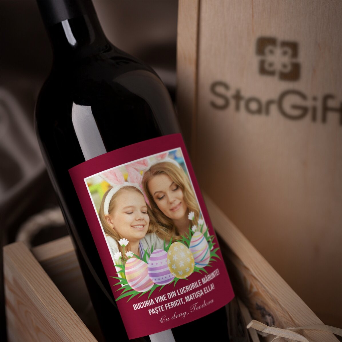 Vino personalizzato con una foto e un messaggio per Pasqua